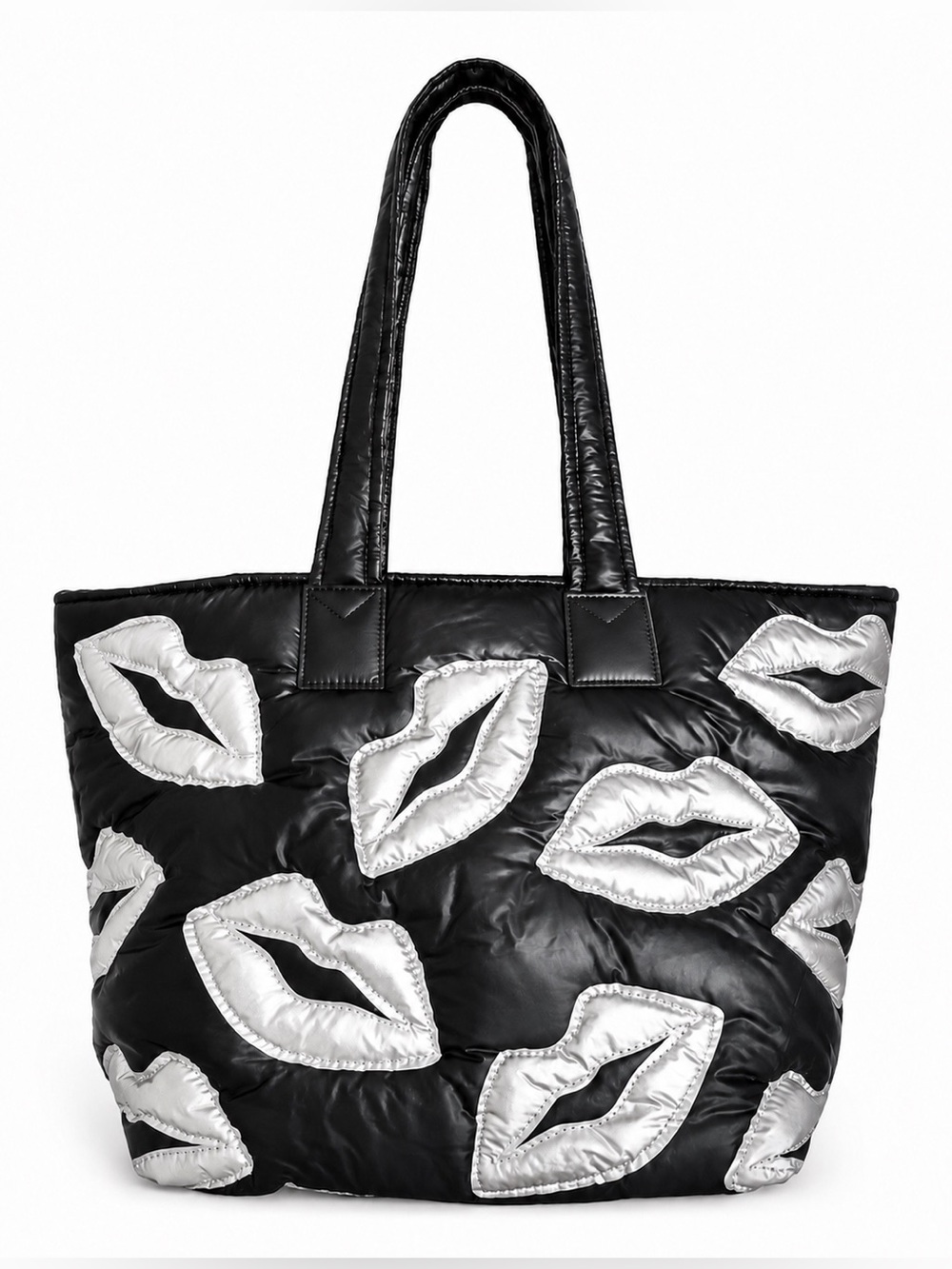 NWT Wildfox Black Puffer Tote Bag Silver Lips Quilted Oversized Shoulder Bag